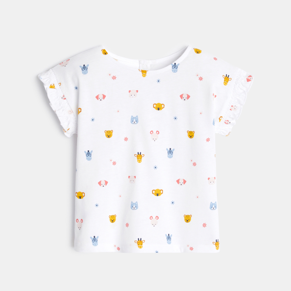 تيشيرت بأكمام مكشكشة باللون الأبيض للفتيات الصغيرات